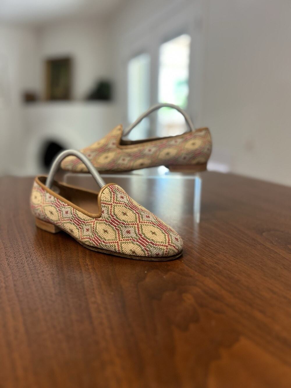 Vintage Zalo Needlepoint Smoking Slippers Loafers Geometric Tapestry Spain Sz 6M
